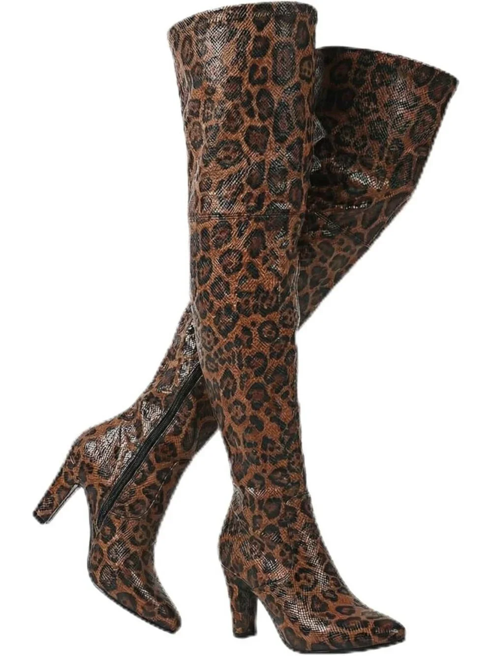 Women's Brown Thick Pointed Toe Chunky Heel Side Zipper Over The Knee High Boots